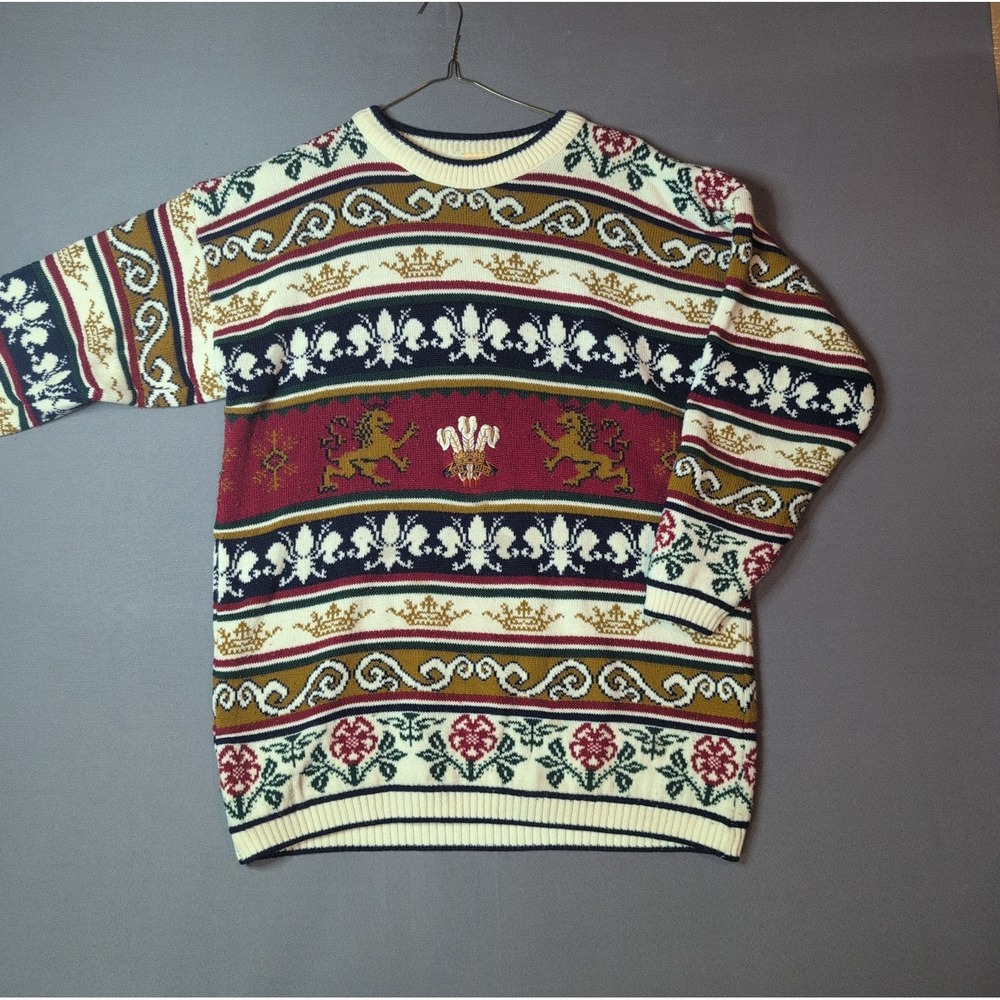 Natural England Heraldic Sweater Crown Lion Baroque Knit Mens XL Vtg 90s UK Made